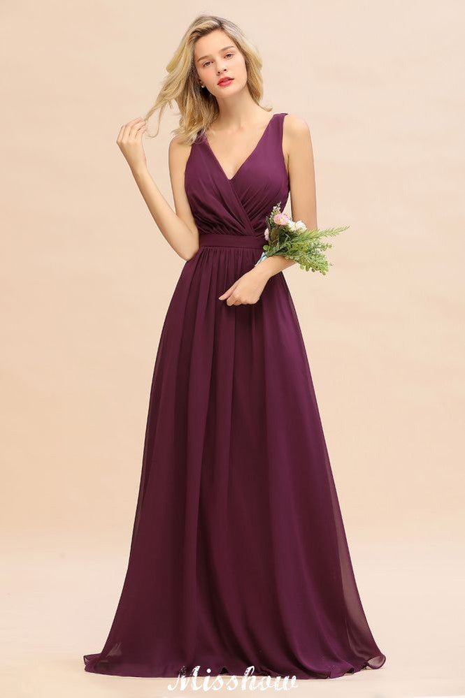 Sleeveless A-line Chiffon Bridesmaid Dress Floor-Length V-Neck Party Gown-misshow.com