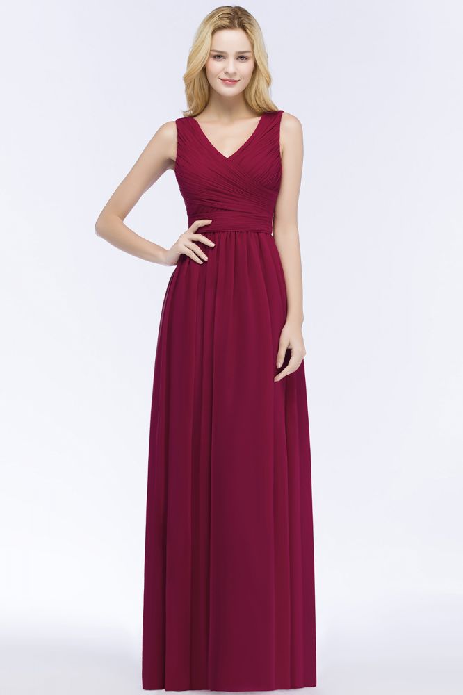 MISSHOW offers Sleeveless A-line V-neck Ruffled Chiffon Bridesmaid Dresses Floor Length Party Dress at a good price from Burgundy,30D Chiffon to A-line Floor-length them. Stunning yet affordable Sleeveless Bridesmaid Dresses.