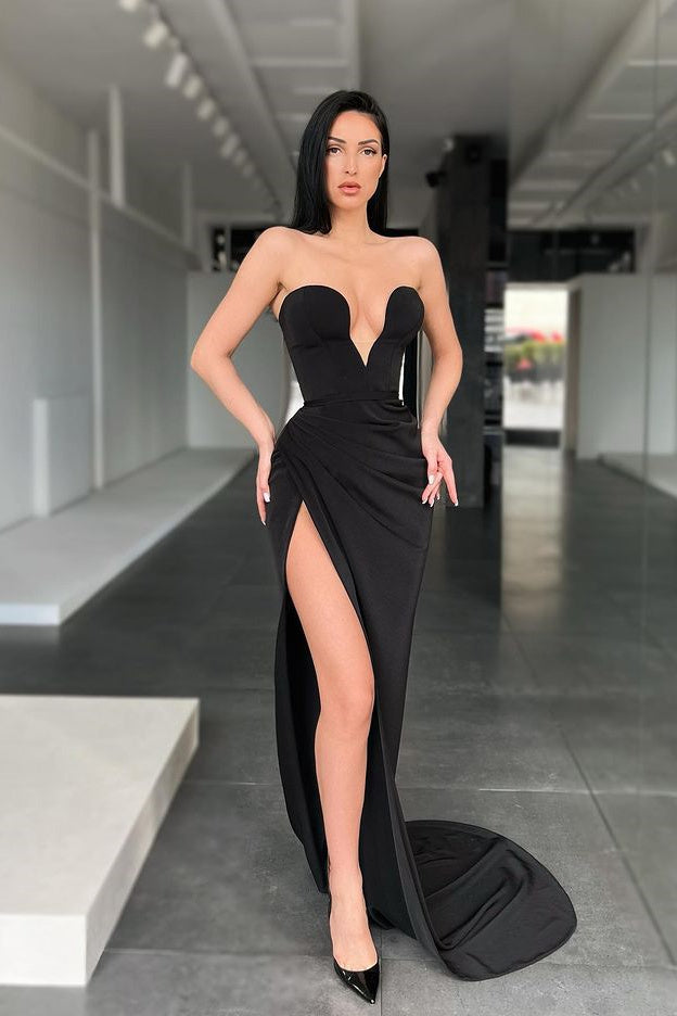 Sleeveless Sweetheart Front-Split Sexy Sweep-Train Prom Dress-misshow.com