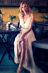 Sleeveless V-Neck Sweep Train Chiffon Beading Wedding Dress-misshow.com