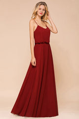 Spaghetti Chiffon Bridesmaid Dress Backless Burgundy Floor-Length Beach Wedding Dress-misshow.com