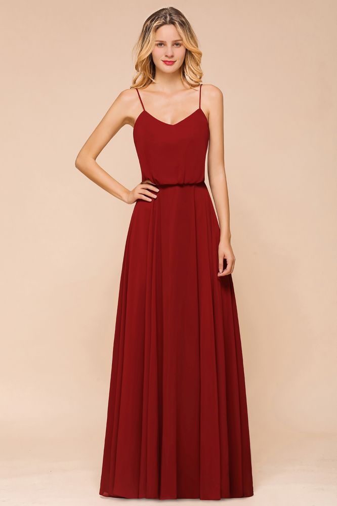 Spaghetti Chiffon Bridesmaid Dress Backless Burgundy Floor-Length Beach Wedding Dress-misshow.com