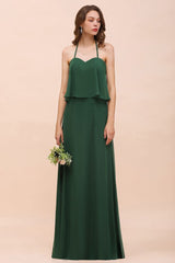 Spaghetti Chiffon Bridesmaid Dress Dark Green Maid of Honor Dress Floor Length-misshow.com