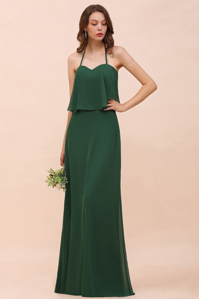 Spaghetti Chiffon Bridesmaid Dress Dark Green Maid of Honor Dress Floor Length-misshow.com