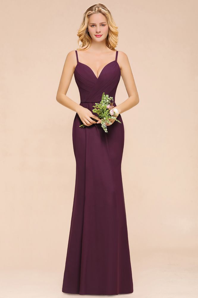 Spaghetti Mermaid Bridesmaid Dress Chiffon Simple Floor Length Party Gown-misshow.com