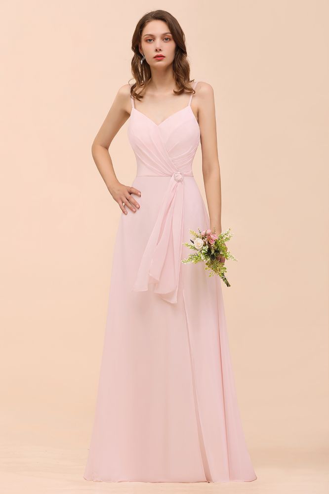 Spaghetti Side Split Pink Bridesmaid Dress Beach Simple Wedding Dress-misshow.com