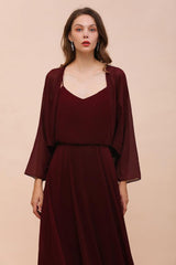 Spaghetti Sraps Burgundy Bridesmaid Dress with Wraps Floor Length Wedding Guest Dres-misshow.com