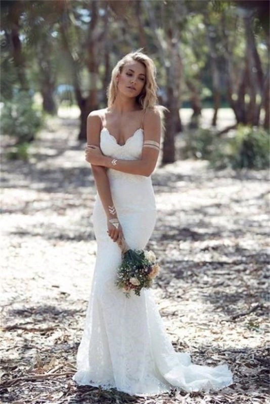 Spaghetti Strap Lace Beach Backless V Neck Sweep Train Long Elegant Wedding Dresses