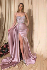 Spaghetti Strap Satin Side Split Pink Mermaid Prom Dresses with Detachable Skirt-misshow.com