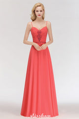 Looking for Bridesmaid Dresses in 100D Chiffon,Lace, A-line style, and Gorgeous Lace,Rhinestone work  MISSHOW has all covered on this elegant Spaghetti Straps Chiffon Aline Evening Maxi Gown Sleeveless Beading Bridesmaid Dress.