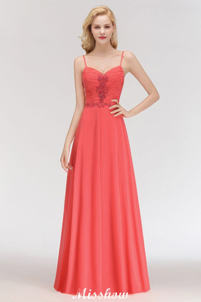 Looking for Bridesmaid Dresses in 100D Chiffon,Lace, A-line style, and Gorgeous Lace,Rhinestone work  MISSHOW has all covered on this elegant Spaghetti Straps Chiffon Aline Evening Maxi Gown Sleeveless Beading Bridesmaid Dress.