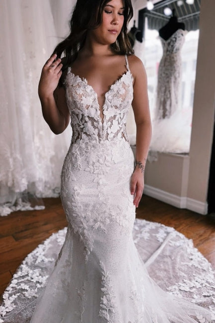 Spaghetti Straps Mermaid Floor Length Lace Wedding Dress with Chapel T misshow