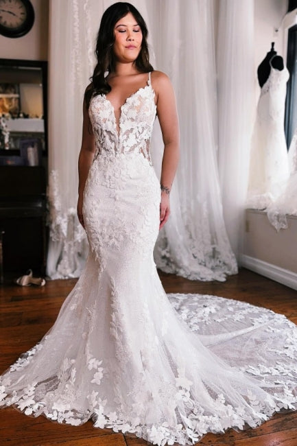 Spaghetti Straps Mermaid Floor Length Lace Wedding Dress with Chapel Train-misshow.com