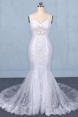 Spaghetti Straps Pretty Mermaid with Appliques Lace Beach Elegant Wedding Dresses