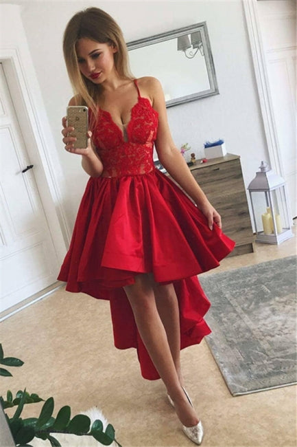 Spaghetti Straps Red High-low A-line Lace V-neck Homecoming Dress-misshow.com