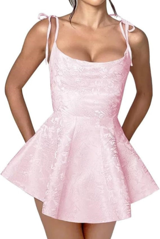 Glamorous Spaghetti Straps Satin Mini Party Dress Jacquard Sleeveless Homecoming Dress