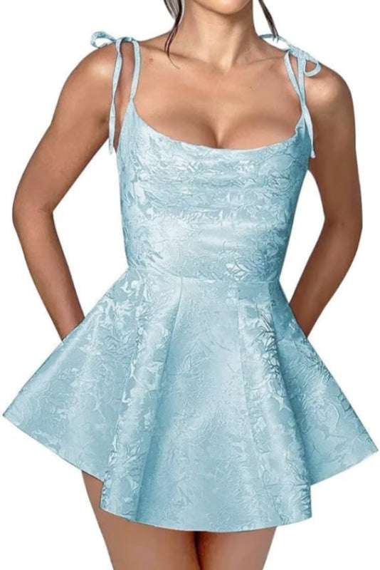 Glamorous Spaghetti Straps Satin Mini Party Dress Jacquard Sleeveless Homecoming Dress