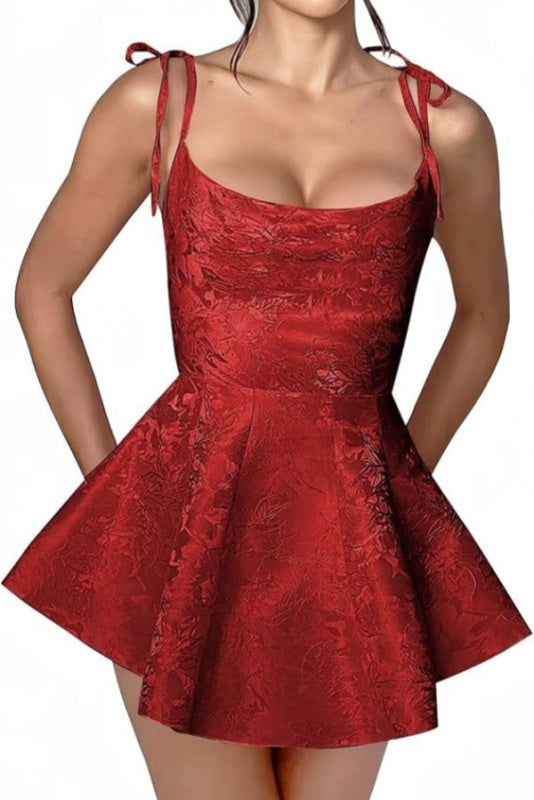 Glamorous Spaghetti Straps Satin Mini Party Dress Jacquard Sleeveless Homecoming Dress