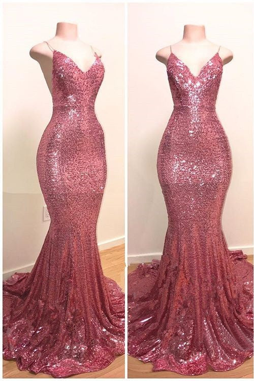 Spaghetti-Straps Sequins Prom Dress Mermaid Long-misshow.com