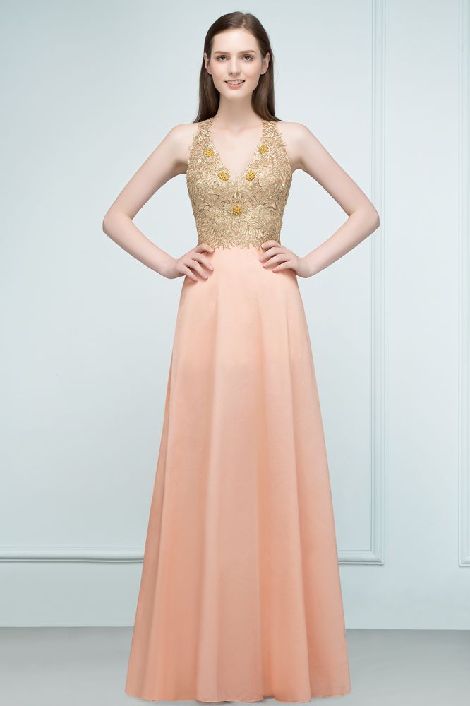 MISSHOW offers Spaghetti V-neck A-line Floor Length Appliqued Chiffon Bridesmaid Dresses at a cheap price from Pearl Pink, 30D Chiffon to A-line Floor-length them. Stunning yet affordable Sleeveless Bridesmaid Dresses.