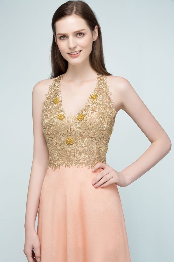 MISSHOW offers Spaghetti V-neck A-line Floor Length Appliqued Chiffon Bridesmaid Dresses at a cheap price from Pearl Pink, 30D Chiffon to A-line Floor-length them. Stunning yet affordable Sleeveless Bridesmaid Dresses.