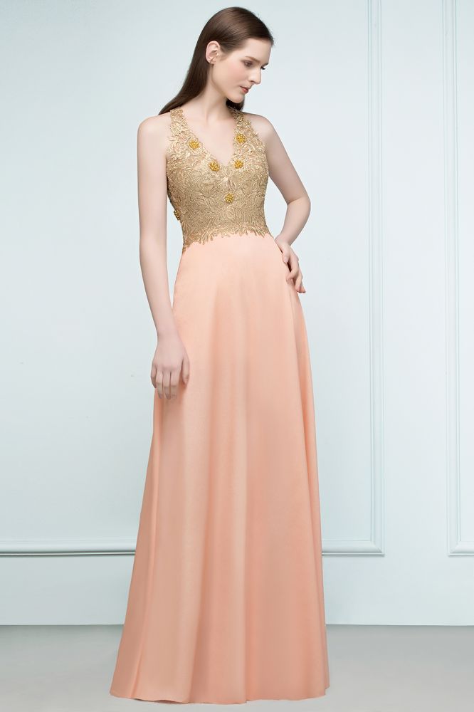 MISSHOW offers Spaghetti V-neck A-line Floor Length Appliqued Chiffon Bridesmaid Dresses at a cheap price from Pearl Pink, 30D Chiffon to A-line Floor-length them. Stunning yet affordable Sleeveless Bridesmaid Dresses.