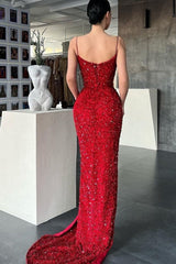 Sparkle Sexy Sleeveless Red Crystal Mermaid Split Prom Dresses-misshow.com