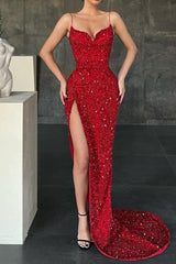 Sparkle Sexy Sleeveless Red Crystal Mermaid Split Prom Dresses-misshow.com