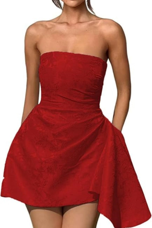 Beautiful Ruched Satin Mini Party Dress Strapless Floral Jacquard Homecoming Dress with Pocket