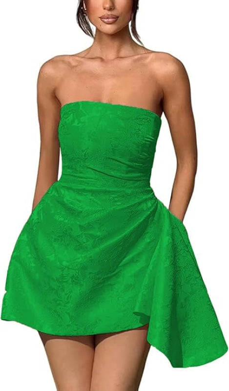 Beautiful Ruched Satin Mini Party Dress Strapless Floral Jacquard Homecoming Dress with Pocket