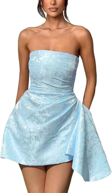 Beautiful Ruched Satin Mini Party Dress Strapless Floral Jacquard Homecoming Dress with Pocket