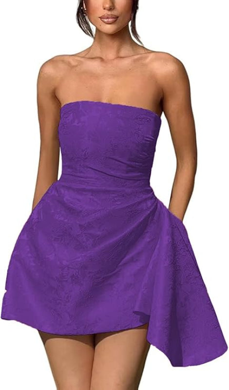 Beautiful Ruched Satin Mini Party Dress Strapless Floral Jacquard Homecoming Dress with Pocket