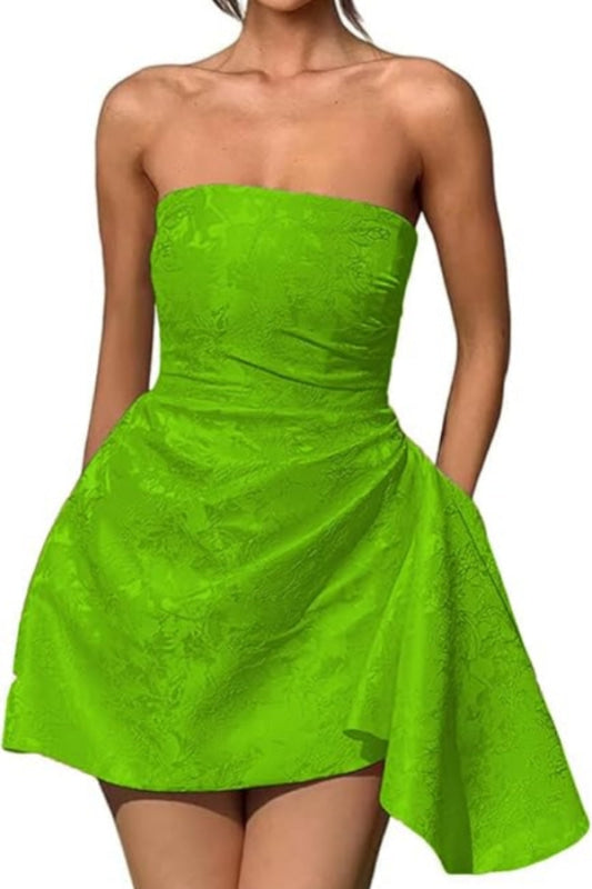 Beautiful Ruched Satin Mini Party Dress Strapless Floral Jacquard Homecoming Dress with Pocket