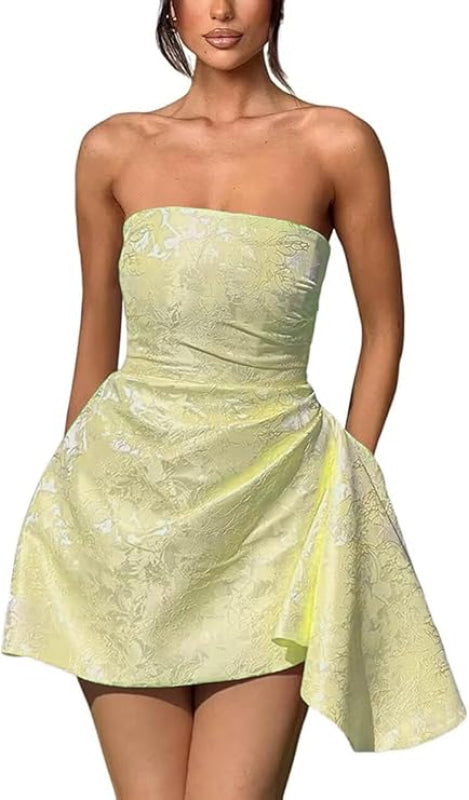 Beautiful Ruched Satin Mini Party Dress Strapless Floral Jacquard Homecoming Dress with Pocket