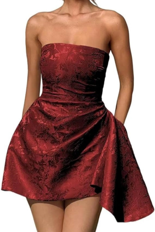 Beautiful Ruched Satin Mini Party Dress Strapless Floral Jacquard Homecoming Dress with Pocket