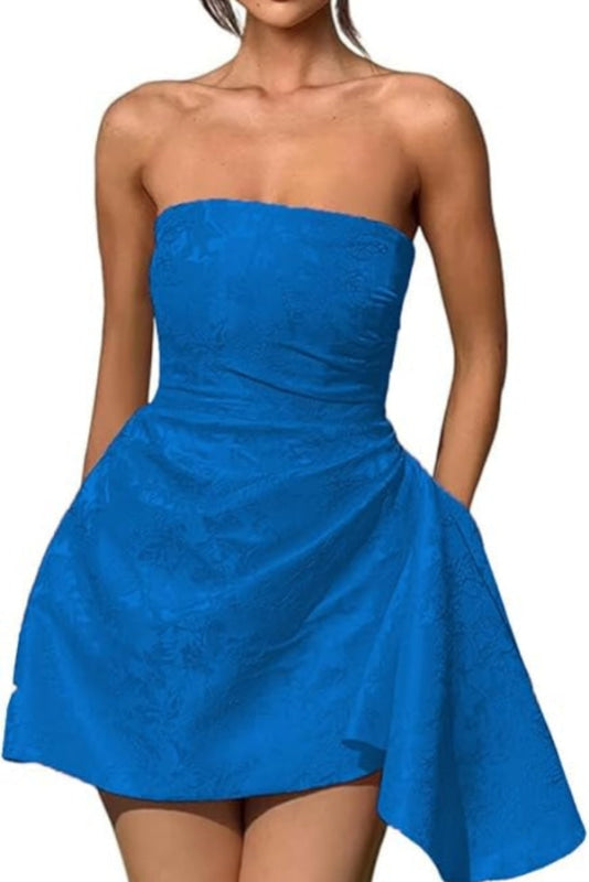 Beautiful Ruched Satin Mini Party Dress Strapless Floral Jacquard Homecoming Dress with Pocket