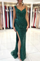 Sparkly Dark Green Long Prom Dresses Glitter Evening Dress With Slit-misshow.com