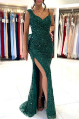 Sparkly Dark Green Long Prom Dresses Glitter Evening Dress With Slit-misshow.com