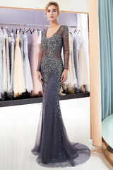 MISSHOW offers MAUREEN, Sparkly Mermaid V-neck Long Sleeves Beading Evening Dresses at a good price from Gold,Gray,Tulle to Mermaid Floor-length them. Stunning yet affordable Long Sleeves Prom Dresses,Evening Dresses.