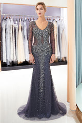 MISSHOW offers MAUREEN, Sparkly Mermaid V-neck Long Sleeves Beading Evening Dresses at a good price from Gold,Gray,Tulle to Mermaid Floor-length them. Stunning yet affordable Long Sleeves Prom Dresses,Evening Dresses.