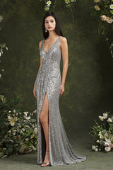 Sparkly Mermaid Wide Straps V-neck Sequins Bridesmaid/Prom Dress With Side Slit-misshow.com