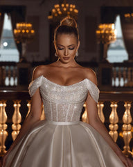 Sparkly Off-the-Shoulder Sequins A-line Bridal Dress with Detachable Sweep Train-misshow.com