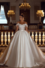 Sparkly Off-the-Shoulder Sequins A-line Bridal Dress with Detachable Sweep Train-misshow.com