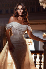 Sparkly Off-the-Shoulder Sequins Mermaid Bridal Dress with Detachable Sweep Train-misshow.com