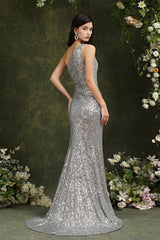 Sparkly One Shoulder Sequins Mermaid Floor-length Bridesmaid/Prom Dress With Side Slit-misshow.com