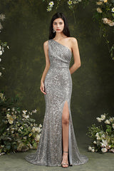 Sparkly One Shoulder Sequins Mermaid Floor-length Bridesmaid/Prom Dress With Side Slit-misshow.com