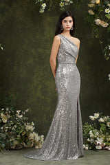 Sparkly One Shoulder Sequins Mermaid Floor-length Bridesmaid/Prom Dress With Side Slit-misshow.com