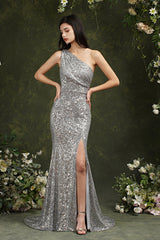 Sparkly One Shoulder Sequins Mermaid Floor-length Bridesmaid/Prom Dress With Side Slit-misshow.com