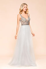 Looking for Prom Dresses,Evening Dresses in Tulle, A-line style, and Gorgeous Beading work  MISSHOW has all covered on this elegant Sparkly V-Neck Aline Evening Dress Floor Length Sleeveless Wedding Party Dress.