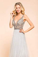 Looking for Prom Dresses,Evening Dresses in Tulle, A-line style, and Gorgeous Beading work  MISSHOW has all covered on this elegant Sparkly V-Neck Aline Evening Dress Floor Length Sleeveless Wedding Party Dress.